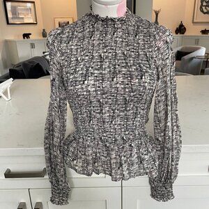 InWear Copenhagen PicalW Abstract Print Smocked LS Viscose Blouse Blk Crm Sz 6